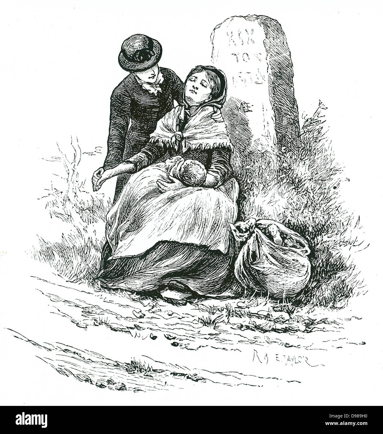 Un indigenti, celibe madre trovato esaurito sul suo modo al fabbricato con il suo bambino. Scena rievocativa di Thomas Hardy romanzo ma uno non è raro nelle aree rurali in tutto il paese. Illustrazione di Mary Ellen Edwards c1881. Foto Stock