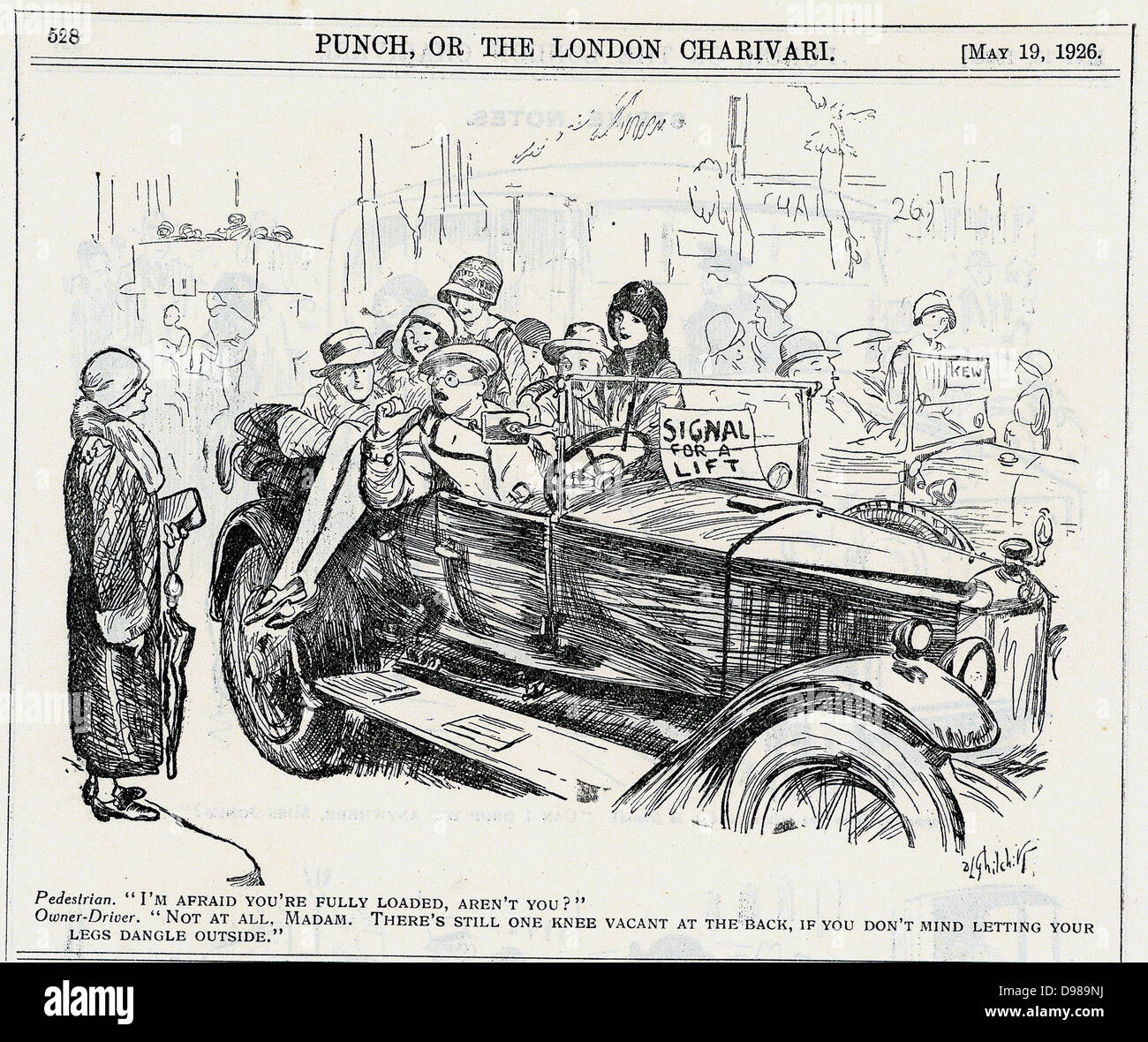 Sciopero generale, Gran Bretagna, Maggio 1926: Gentile proprietario-driver disposti a sacrificarsi in un altro filamento pedonale per la mancanza di mezzi di trasporto pubblico. Cartone animato da 'Foratura', Londra, 19 Mio 1926. Foto Stock