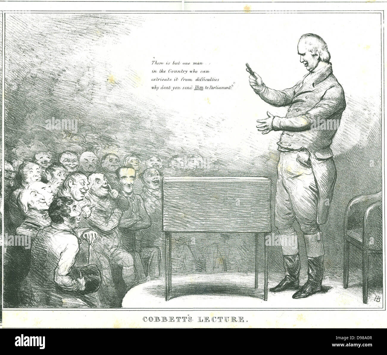 Cobbett lezione dell': William Cobbett (1763-1835) propaganda elettorale . Cobbett si fermò senza successo per il Parlamento nel 1821 e 1826, e nel 1832 fu eletto per Oldham. Cartone animato da John Doyle (1797-1868) nella sua serie di " politici schizzi', 1833. Litografia. Foto Stock