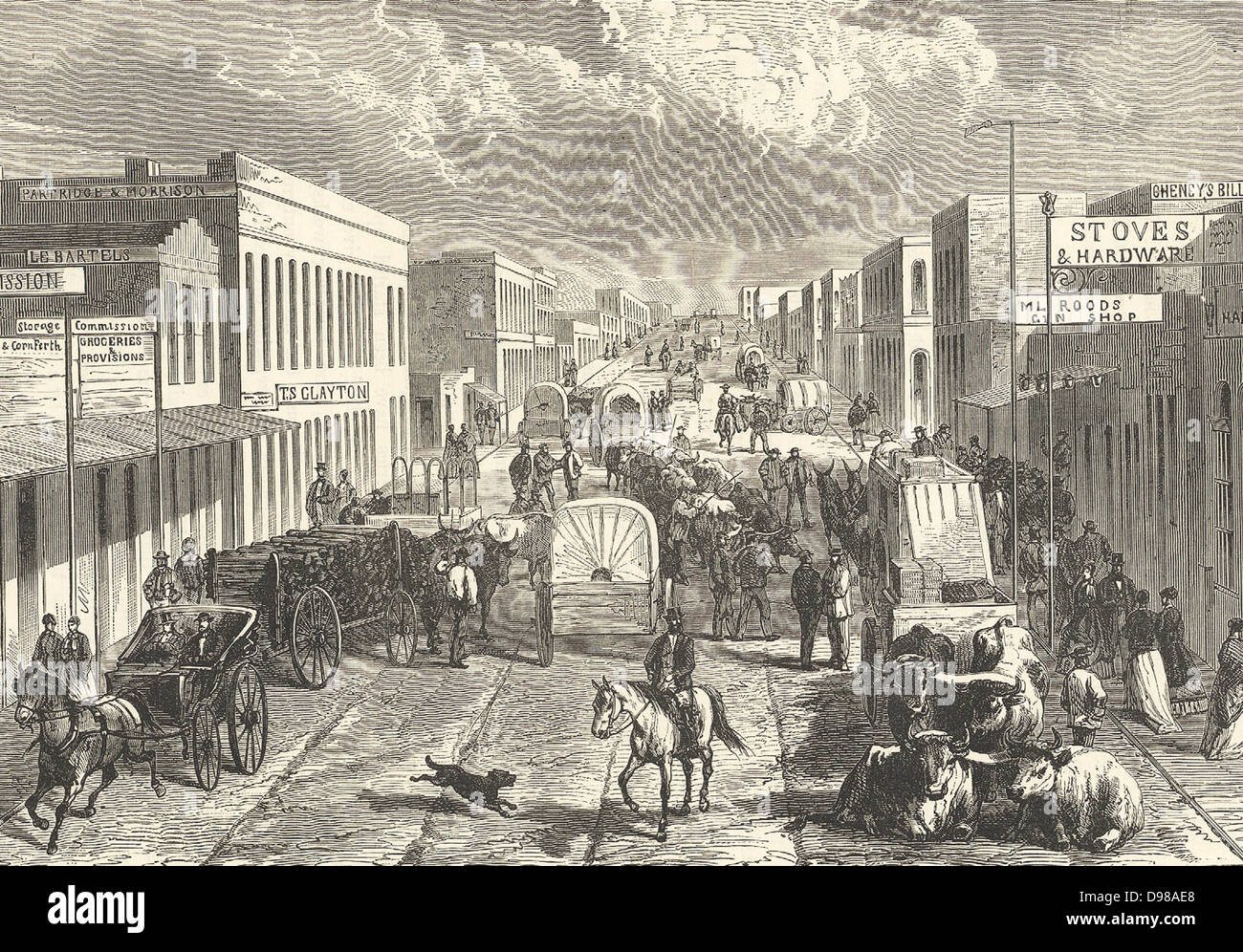 Strada trafficata scena a Denver, Colorado, 1875. Incisione. Foto Stock