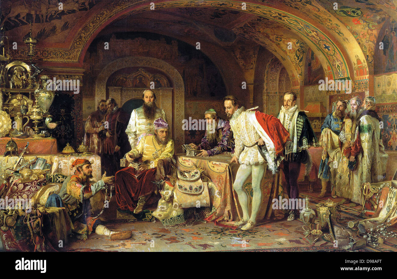 Ivan IV di Russia mostra i suoi tesori all ambasciatore della regina Elisabetta I d'Inghilterra Olio su tela data 1875 da Alexander Litovchenko Foto Stock