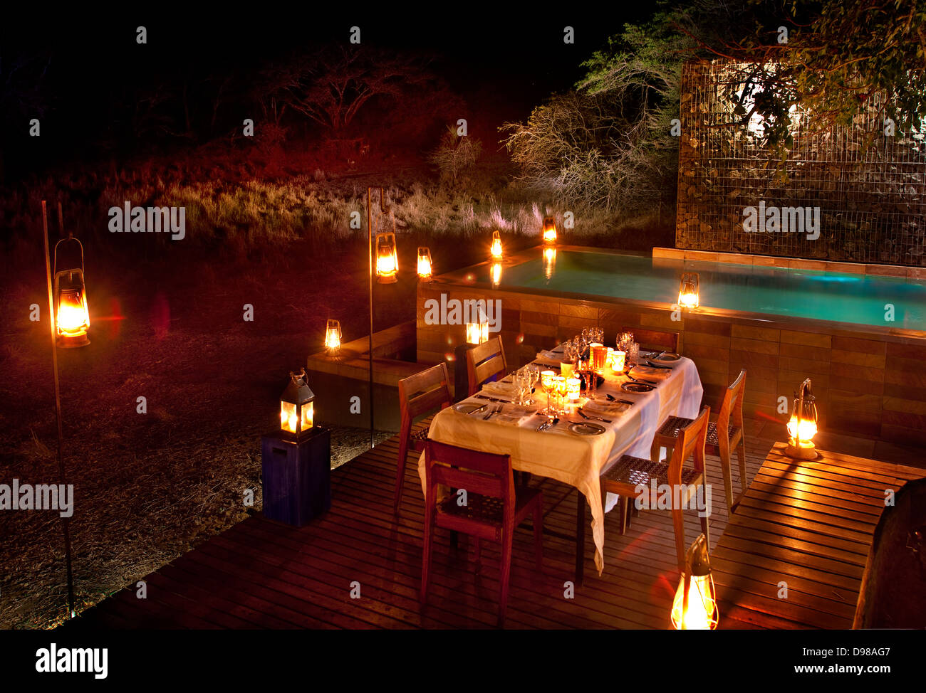 Vista notturna della Homestead lodge, Phinda Game Reserve Foto Stock