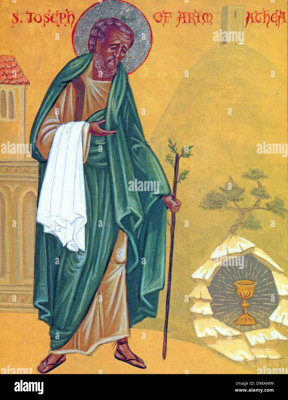 Icona di San Giuseppe di Arimatea a Glastonbury, con il Santo Graal ed il personale che è fiorita, dalla mano di un monaco della Confraternita di San Serafino di Sarov. Foto Stock
