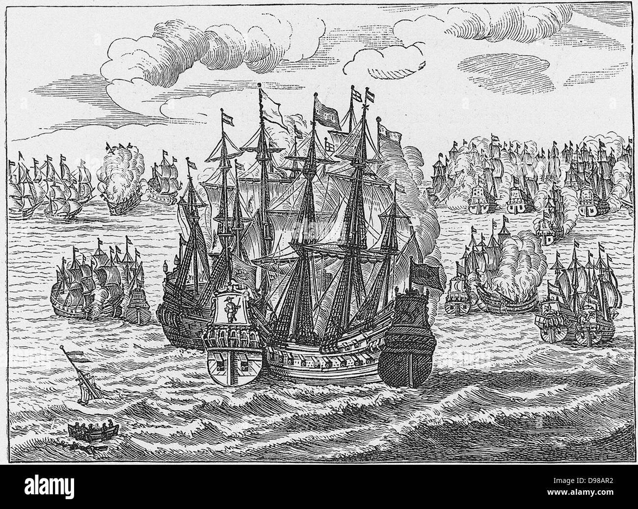 Seconda guerra anglo-olandese 1665-1667. La flotta inglese sotto Monck e l'olandese sotto Ruyter nel Canale della Manica, 1666. Dopo incisione pubblicato Amsterdam, 1666. Foto Stock