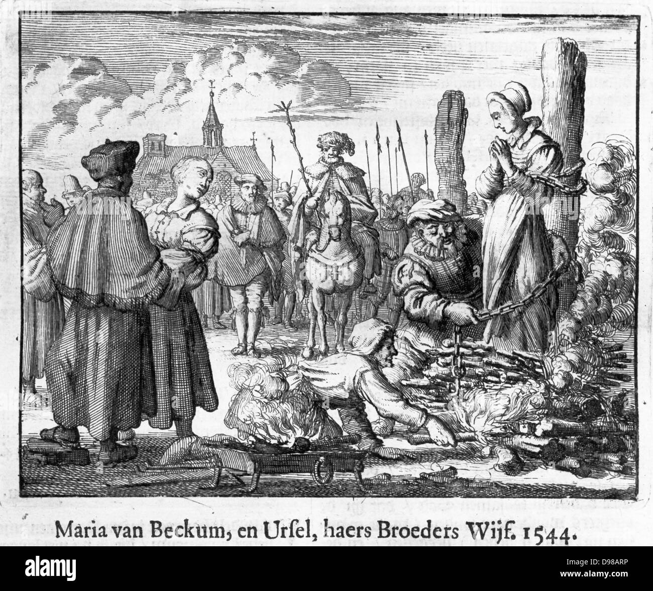 Anabaptist capi e maestri sono stati spesso al rogo, anche se a volte dopo essere stato strangolato prima. La masterizzazione di Maria e Ursula van Beckum, Deventer, 1544 Foto Stock