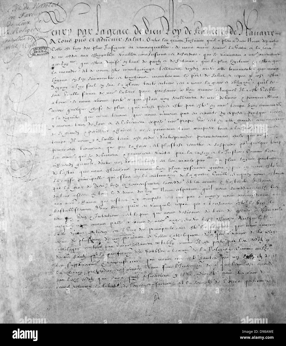 L Editto di Nantes, rilasciato il 13 aprile 1598, da Enrico IV di Francia, concessi i calvinisti protestanti di Francia (noto anche come ugonotti) diritti sostanziali in una nazione ancora considerato essenzialmente cattolico. Foto Stock