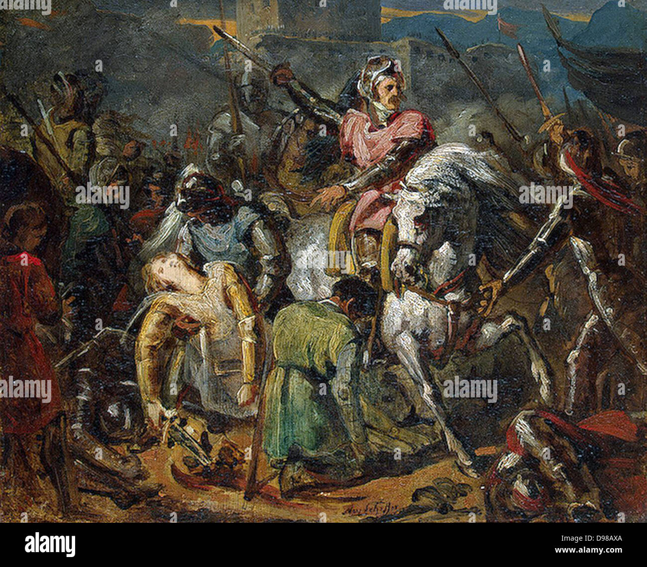 La morte di Gaston de Foix nella battaglia di Ravenna il 11 aprile 1512 (olio su tela) Stato Museo Hermitage c. 1824 da Ary Scheffer. La battaglia di Ravenna, combattuta il 11 aprile 1512, dalle forze della Lega Santa e la Francia è stata una grande battaglia della Guerra della Lega di Cambrai italiani nelle guerre. È stata una vittoria schiacciante per il francese Foto Stock