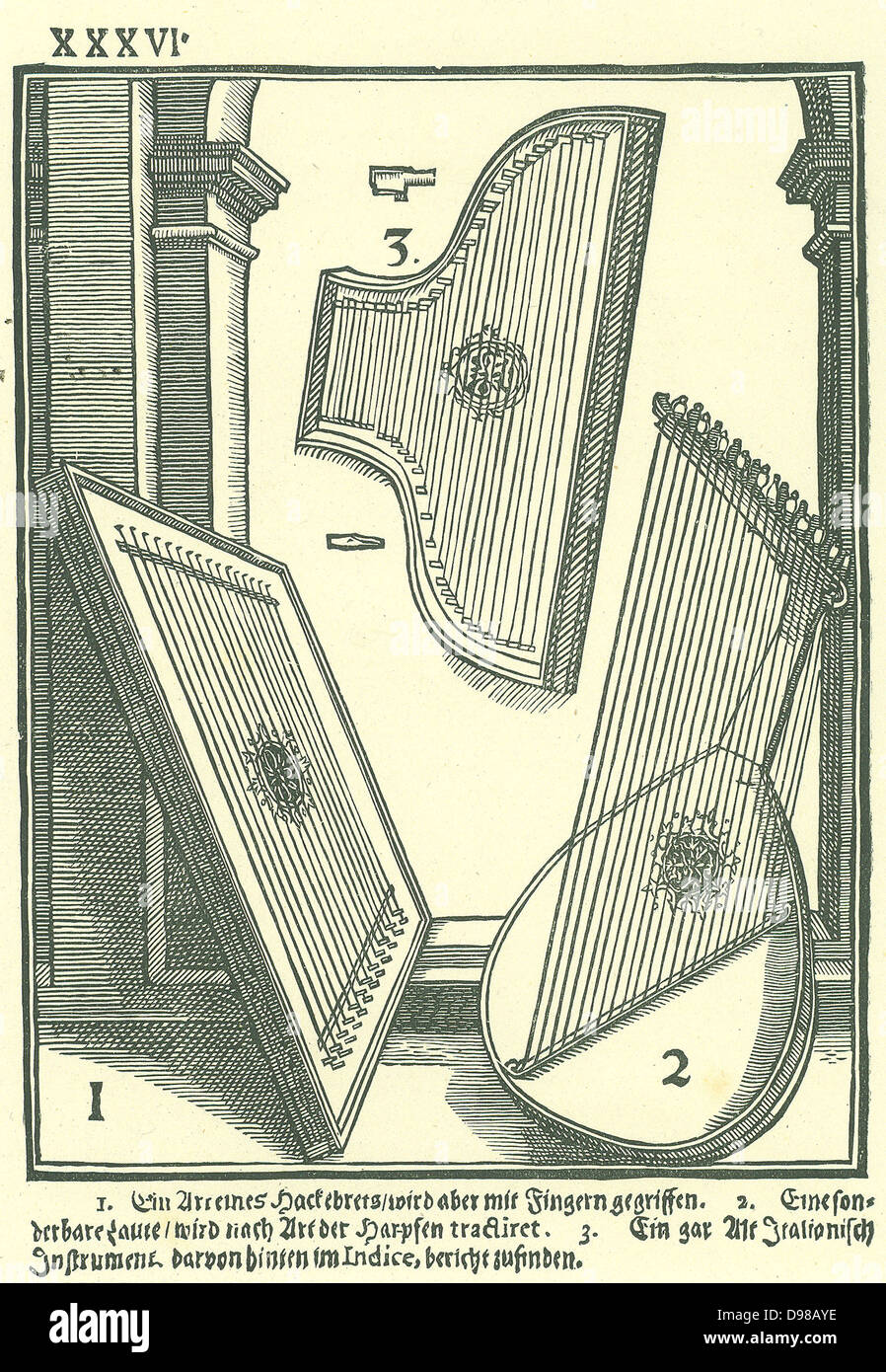 Early Italian gli strumenti a corda. 1: una sorta di Hackbret, 2: Liuto-strumento sagomato strung per essere giocato come un'arpa, 3: Italiano antico strumento suonato da spennare. Xilografia da Michael Praetorius 'Syntagma Musicum", 1615-1620. Foto Stock