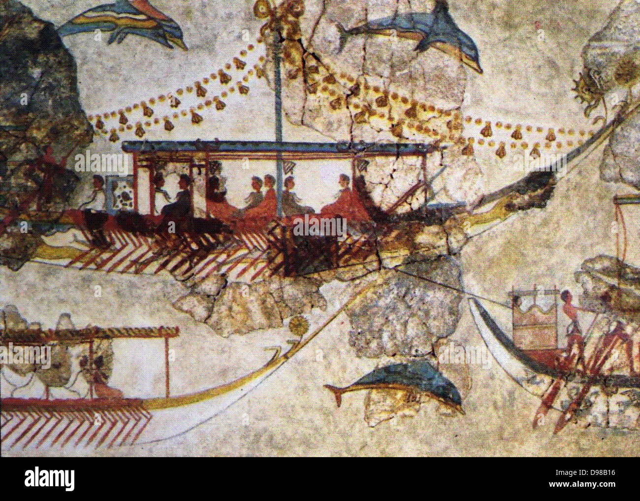 Minoici Traders: dipinto da Acrotiri in Thera (Santorini) che mostra le navi Minoan. Età del Bronzo (3200-1050 a.C.). Lo scambio di prodotti con i paesi lontani è stato servito dal ben organizzato la spedizione e la fondazione delle stazioni commerciali in modo significativo i porti del Mediterraneo. Foto Stock