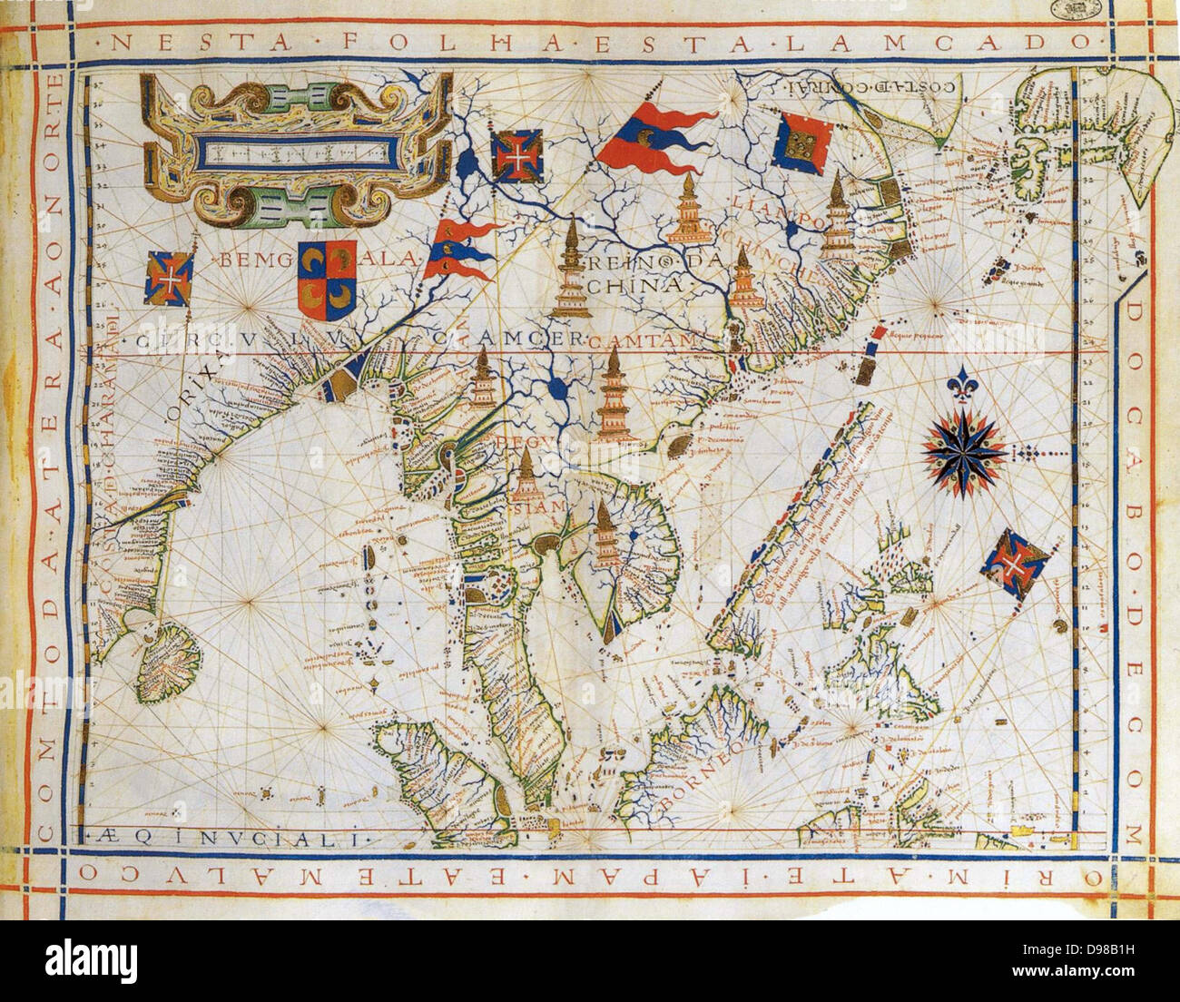 Piano-grafico, pre-Mercator mappa di 1571 dal cartografo portoghese Fernao Vaz Dourado c1520-c1580). Mappa di East India, Baia del Bengala, Cina sud-orientale, Thailandnd, Borneo e Giappone. Il Tropico del Cancro è chiamato. Foto Stock