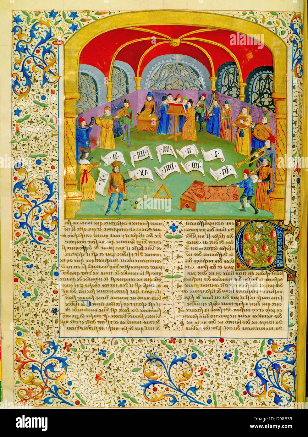 Orchestra e cantanti. Un quartetto di cantanti stare dietro un leggio. Intorno a loro musicisti suonano diversi strumenti tra cui, sulla sinistra, il tubo e il tamburo Clarsac (arpa celtica), organo portatile, sulla destra, la cetra e corno da caccia. Xv secolo manoscritto francese Foto Stock