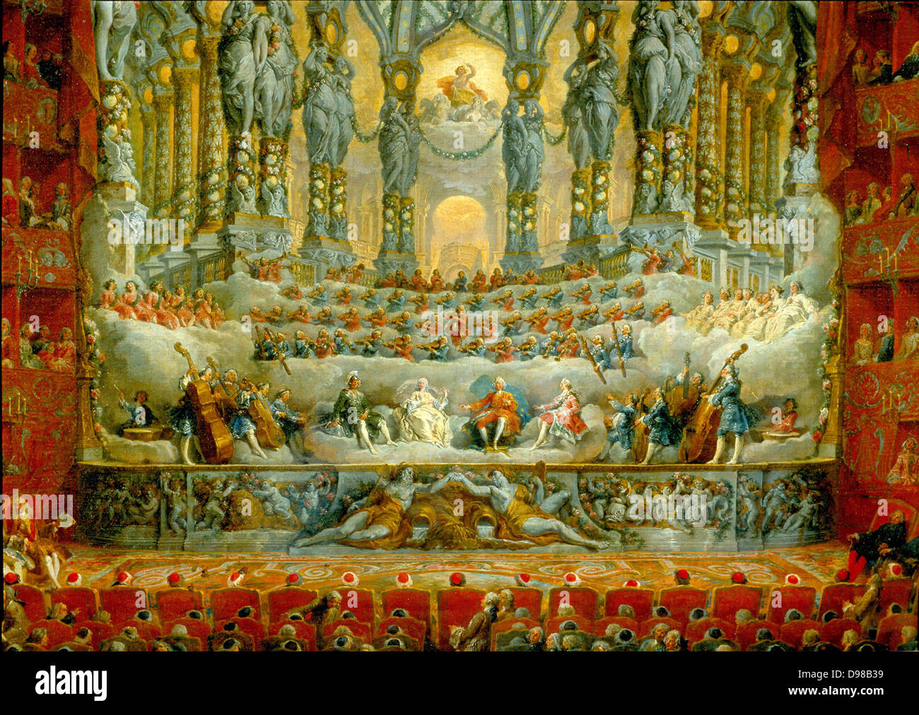 Sagra Musicale dato dal Cardinale de la Rochefoucauld nel Teatro Argentina di Roma, 15 luglio 1747, in occasione del matrimonio di Louis, Delfino di Francia, figlio di Luigi XV, Marie Joseph di Sassonia (dettaglio). Giovanni Paolo Pannini (1691-1765) Italiano pittore neoclassico. Foto Stock