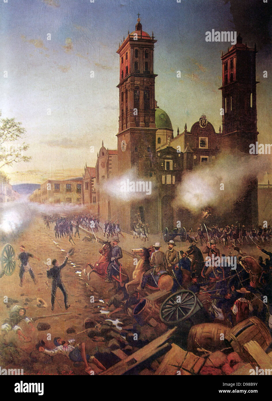Intervento francese in Messico: la Battaglia di Puebla, 5 maggio 1862 (Battaglia di Cinco de Mayo). Il francese sotto il generale Charles Lorencez erano decisamente dall'esercito messicano sotto generale Ignacio Zaragoza. Il monastero fortificato di Guadalupe come generale Porfirio Díaz conduce un distaccamento di cavalleria messicana in una carica contro le truppe francesi. Foto Stock