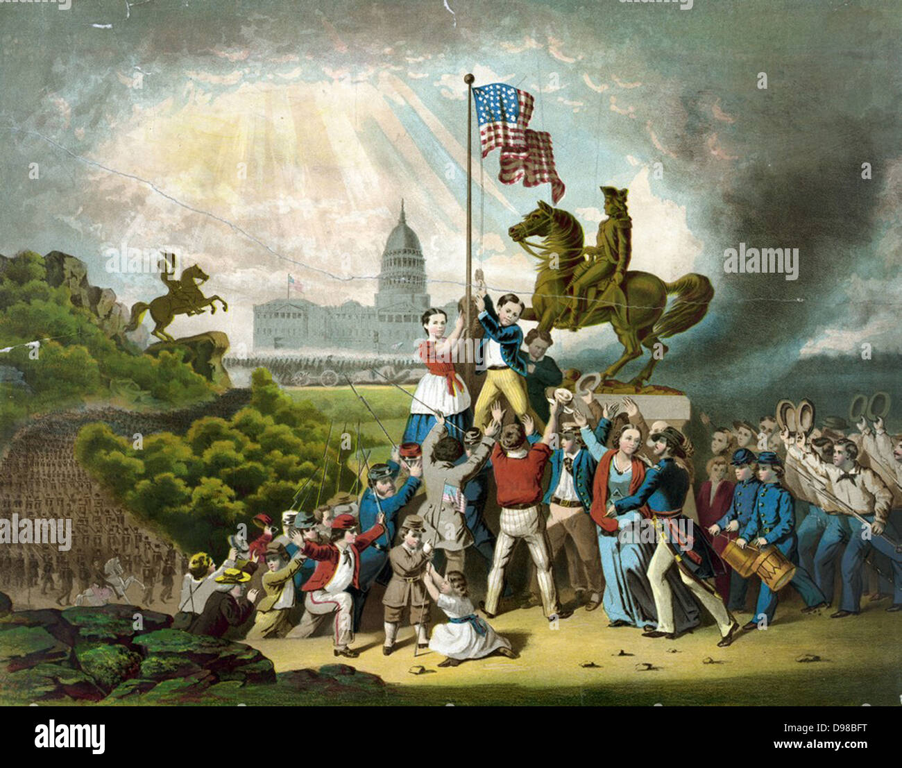 La guerra civile americana 1861-1865: Innalzare la bandiera Maggio 1861. Noi bandiera sollevata in Washington dall Unione patrioti vicino alla statua di Andrew Jackson. Unione i soldati a marzo ha portato da due ragazzi del batterista. Litografia colorata 1864. Foto Stock