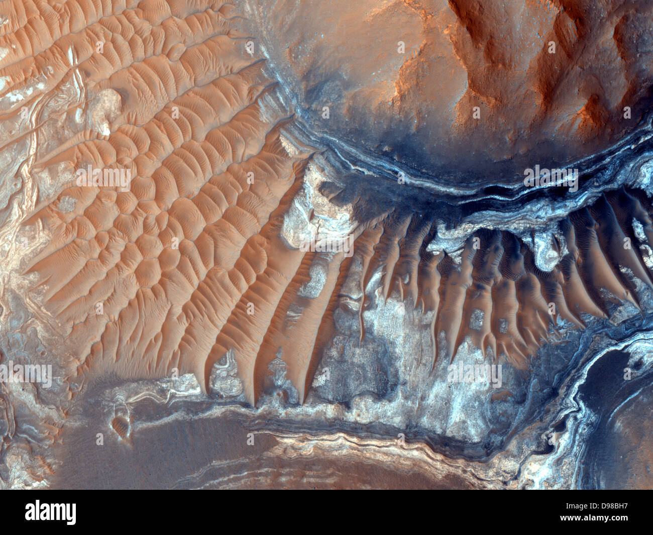 Gli scienziati hanno trovato prove di ferro-solfati di cuscinetto e di minerali di argilla in aree esposte di questa regione del Labyrinthus Noctis formazione. Un campo di dune copre alcuni del terreno. Di seguito è riportato un immagine del pavimento di un 600-miglio lungo canyon chiamato Ius Chasma, che è parte del Valles Marineris, il più grande canyon noto sistema nel sistema solare. La roccia scura è un vecchio flusso lavico e le aree più chiare sono mega increspature. Entrambe le immagini sono state prese dalla Imaging ad alta risoluzione scienza esperimento (HI LUOGO) fotocamera su Mars Reconnaissance Orbiter. Foto Stock