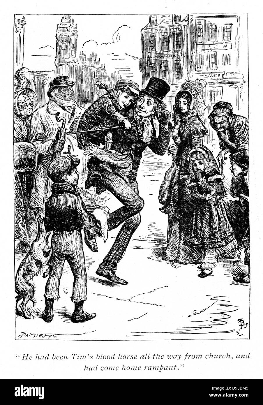 Illustrazione per "A Christmas Carol" di Charles Dickens (1812-1870). Bob Cratchet porta tiny Tim sulle sue spalle Foto Stock