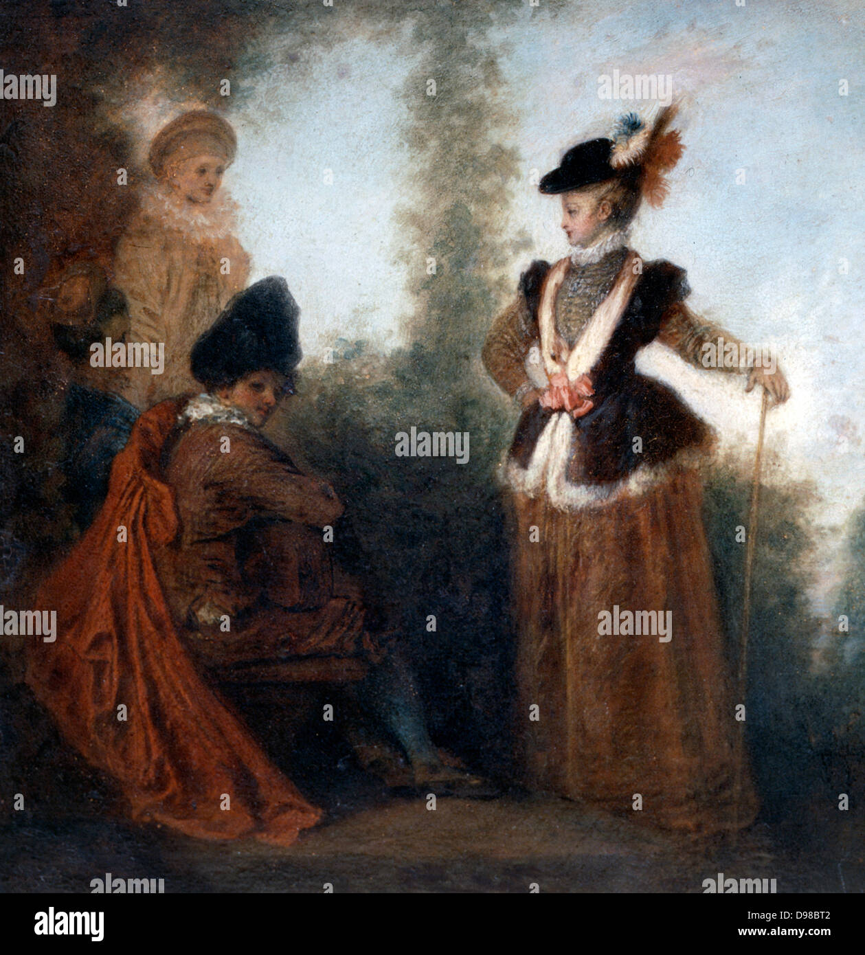 Il Adventuress' 1717. Olio su tela. Jean-Antoine Watteau (1684-1721), pittore francese. Giardino con vestiti alla moda donna in centro. Moda Hat piume (dettaglio)Fir Autorità di Fiducia Foto Stock