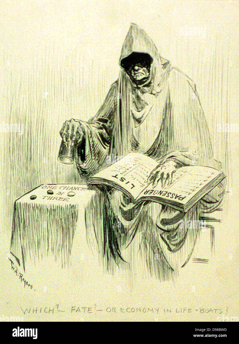 Quale? Destino--o di economia nella vita barche? Creatore(s): Rogers, W. A. (William Allen), 1854-1931, artista Data di creazione/Pubblicato: [1912?] Media: 1 disegno : penna e inchiostro. La satira sul naufragio del Titanic Foto Stock