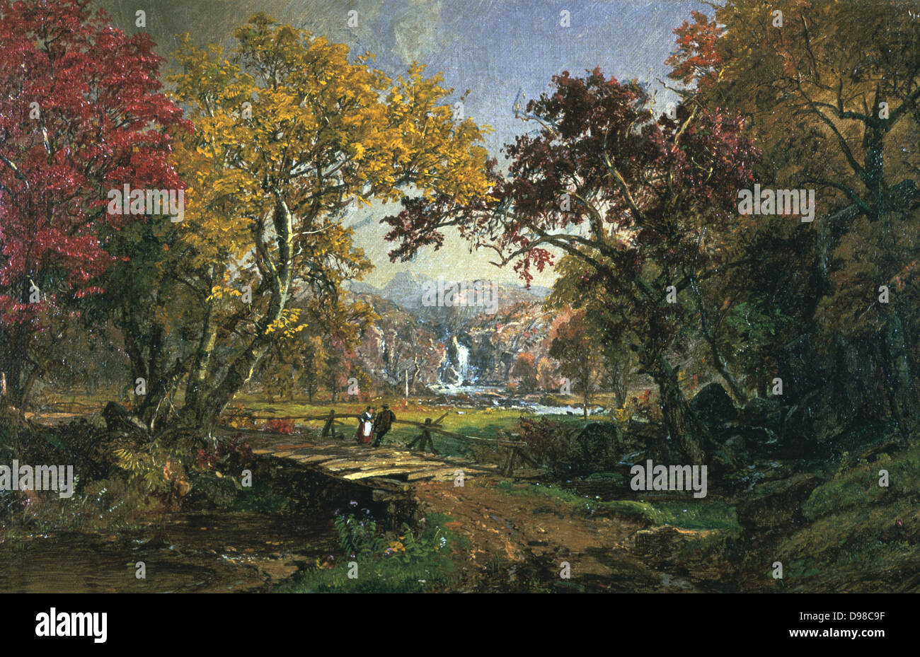 Giovane su un ponte' c1876. Olio su tela: Jasper Cropsey (1823-1900) American pittore e architetto, del fiume Hudson e scuola. L uomo e la donna in chat su un semplice ponte in legno sul fiume che scorre attraverso una valle, fogliame cominciando a cambiare colore. Foto Stock