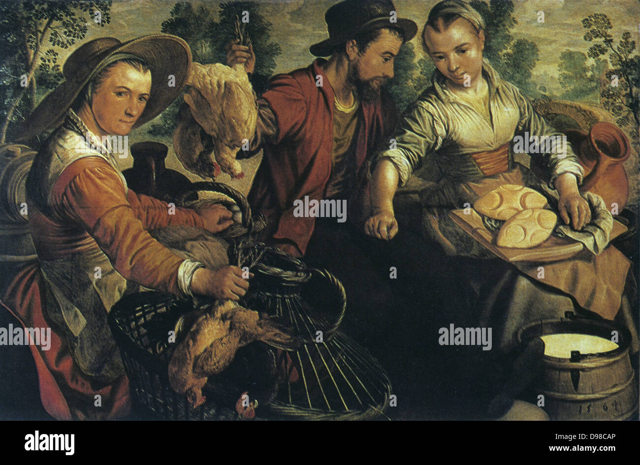 Al Mercato", 1564. Olio su legno: Joachim Beuckelaer (c1533-1574) pittore fiammingo e il relatore. La donna sulla sinistra regge due polli vivi che ha portato al mercato in gabbia di vimini e la sua mano destra è appoggiata sul. La sua mano sinistra è a contatto con un paniere di uova. L uomo può contenere fino a due uccelli vivi con le loro gambe Foto Stock