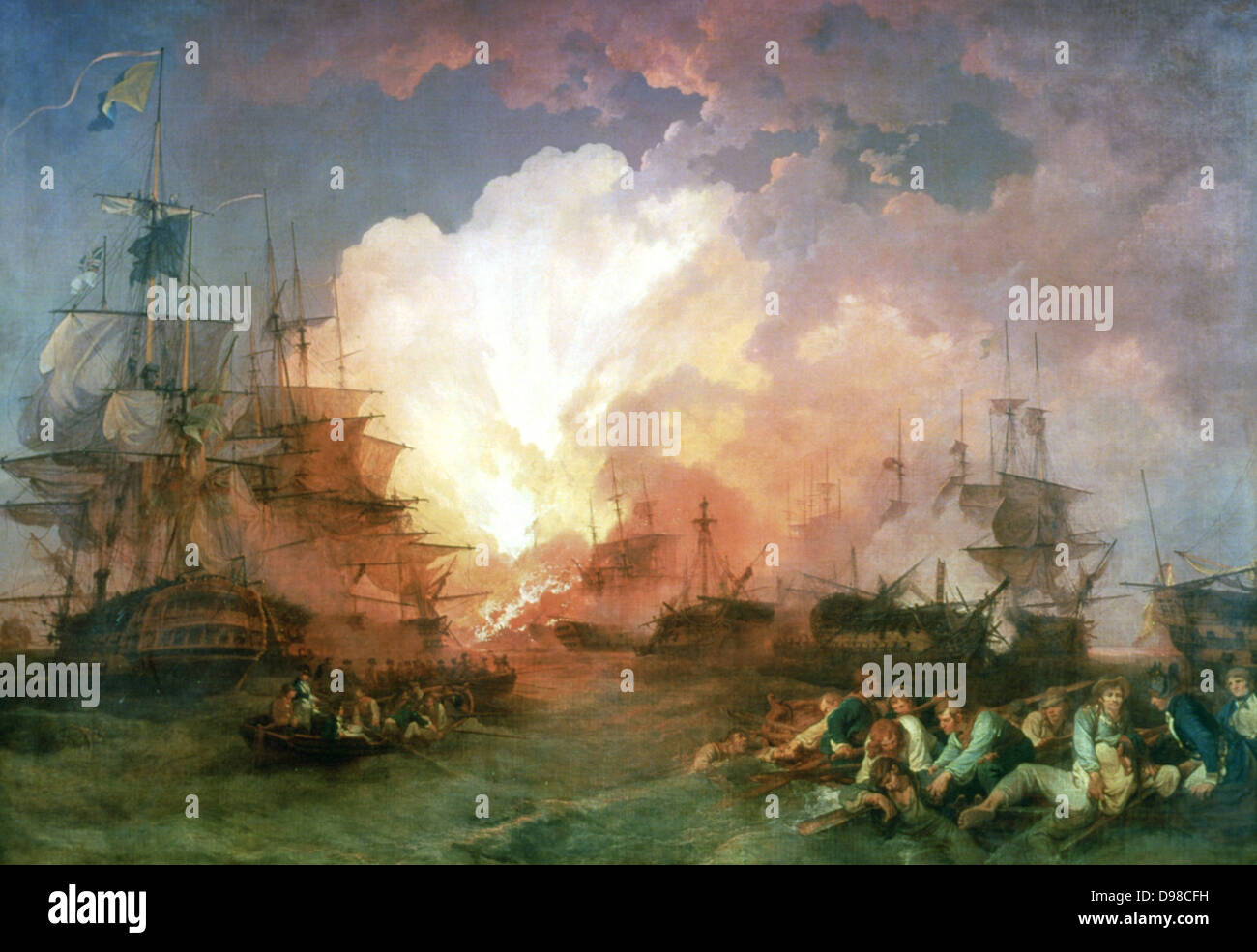 La battaglia del Nilo", 1800. La battaglia è stata combattuta la notte di Abu Qir Bay, nei pressi di Alessandria, Nelson ha trovato la flotta francese al di ancoraggio e attaccato. Artista Filippo Giacomo de Louthbourg (1740-1812) artista francese. Olio su tela. Foto Stock