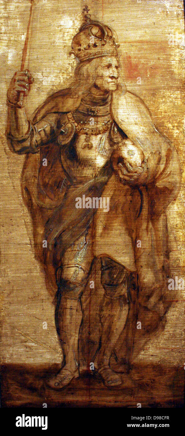 Sir Peter Paul Rubens (1577-1640) l'imperatore Massimiliano I, olio su pannello. In 1634, Rubens è stato incaricato di progettare una serie di decorazioni di strada per celebrare l'entrata in Anversa di Ferdinando, appena nominato governatore dei Paesi Bassi Spagnoli. Massimiliano I (22 marzo 1459 - 12 gennaio 1519), il figlio di Federico III, Imperatore del Sacro Romano Impero e di Eleonora di Portogallo, fu re dei Romani (anche noto come il Re dei Tedeschi) dal 1486 e Sacro Romano Imperatore da 1493 fino alla sua morte Foto Stock