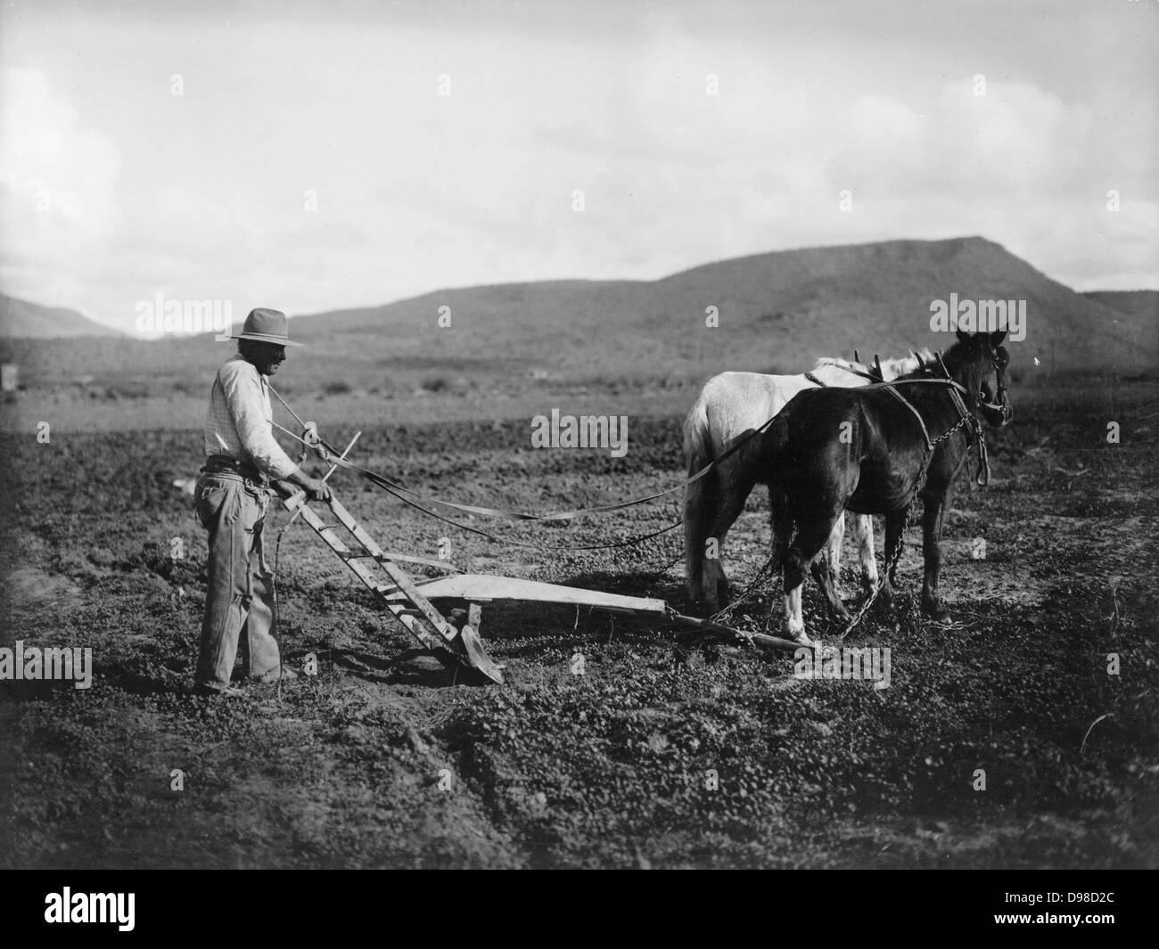 Sacaton indiano prenotazione. L'aratura indiano del suo paese. Sale River Project, 1930. Foto Stock