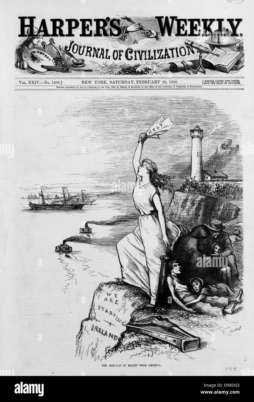 Carestia in Irlanda, 1880: Pagina anteriore di "Harper Settimanale dell' 28 febbraio 1880, mostrando Irlanda in piedi sulle scogliere di segnalazione per aiutare da America, mentre una famiglia affamata huddles dietro di lei. Foto Stock