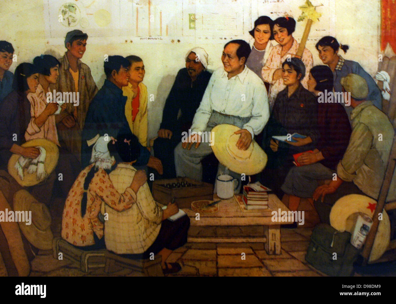 Presentazione di pregevoli dipinti di pace per il Presidente Mao. Questo calendario per 1977 raffigura Mao a Huxian, la posizione di un artisti' comune rinomata per la sua produzione di dipinti di contadini. Foto Stock