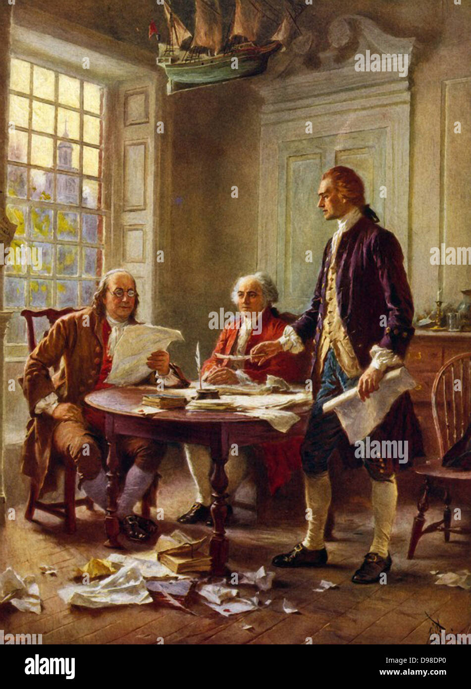 La scrittura della dichiarazione di indipendenza, 1776': Benjamin Franklin, sinistra, John Adams incontro a Thomas Jefferson, piedi, alloggi a Philadelphia per studiare una bozza del documento. Dopo la pittura da J.L.G. Ferris (1863-1930) Foto Stock