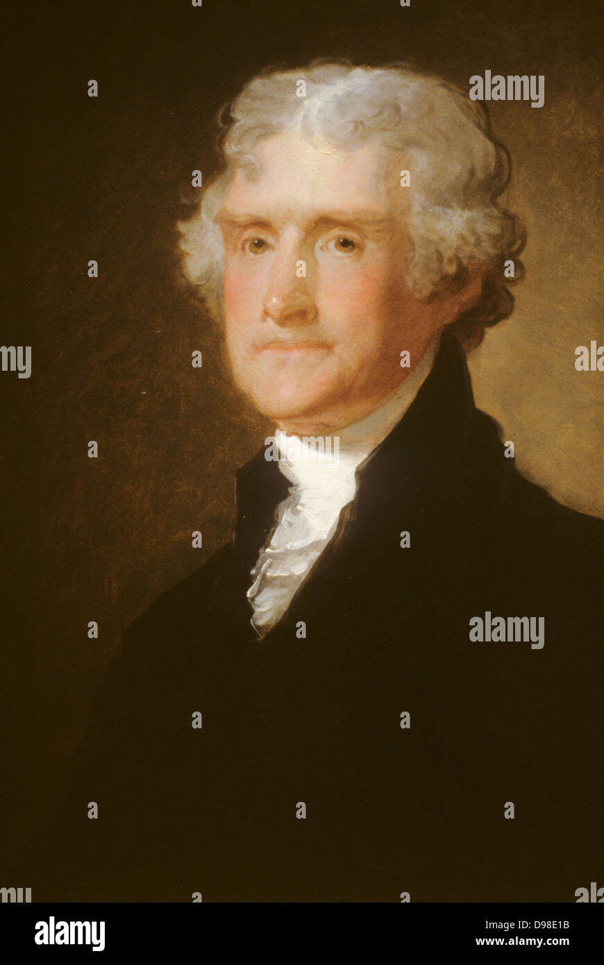 Thomas Jefferson (1743-1826), terzo presidente degli Stati Uniti, 1801-1809. Litografia colorata a mezza lunghezza Ritratto di Jefferson seduto alla scrivania, c1845. Dopo aver ritratto da Matthew Harris Jouett (c17887-1827). Foto Stock
