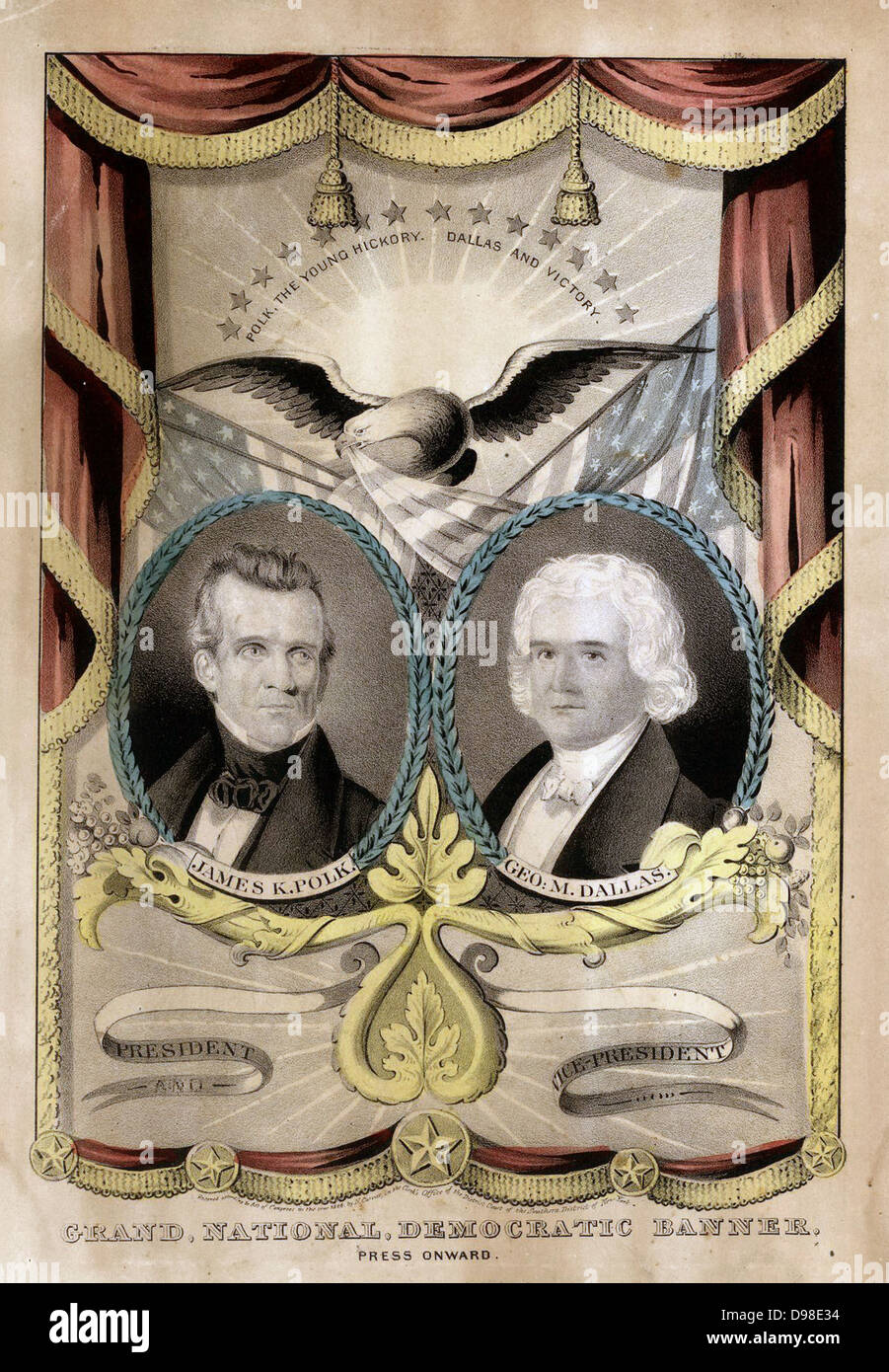 1844 elezione banner prodotta da Nathaniel Currier per James Knox Polk (1795-1849) undicesimo presidente degli Stati Uniti d'America 1845-1849, e il suo Vicepresidente George Mifflin Dallas (1792-1864), in esecuzione sul biglietto democratica. Litografia colorata. Foto Stock