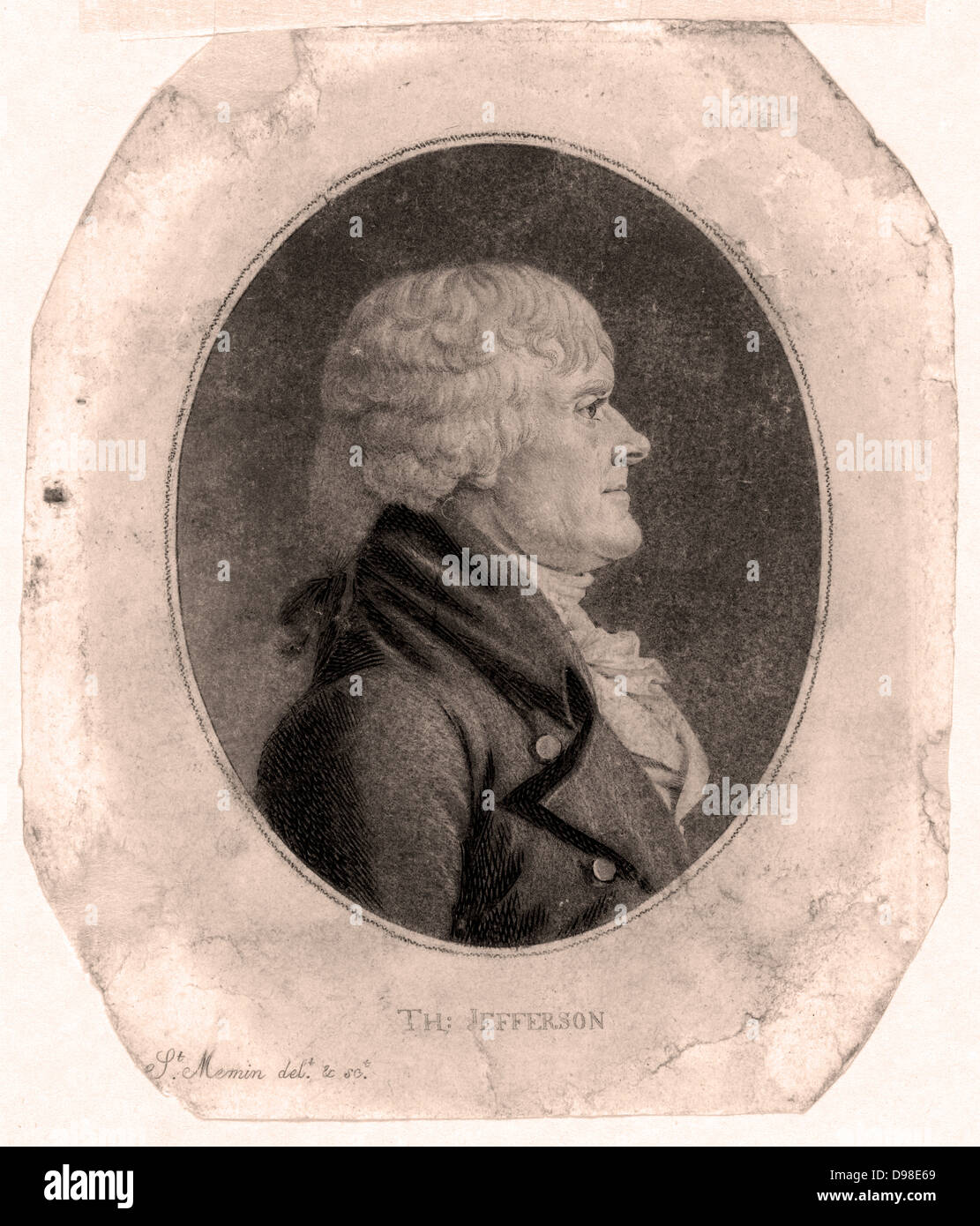 Thomas Jefferson (1743-1826), terzo presidente degli Stati Uniti, 1801-1809. Litografia di Jefferson, in piedi, punti per una copia della dichiarazione di indipendenza americana di cui egli è stato uno degli autori. Sulla sinistra è una statica della macchina elettrica. Foto Stock