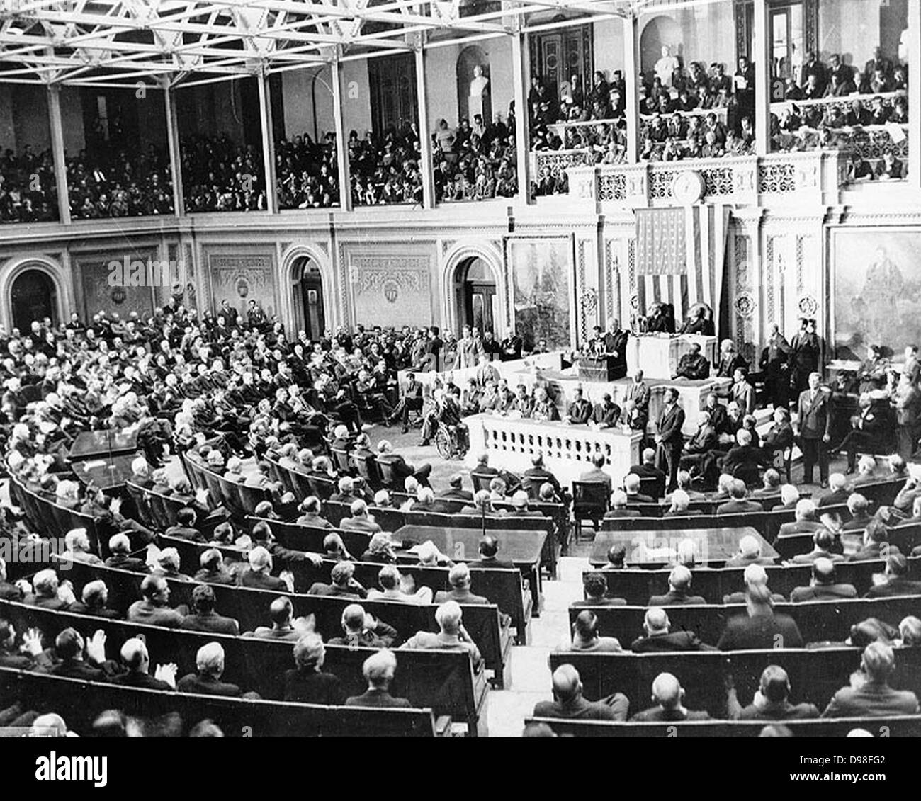 Il presidente statunitense Franklin Roosevelt addressesses al Congresso di dichiarare guerra al Giappone, 1941 Foto Stock