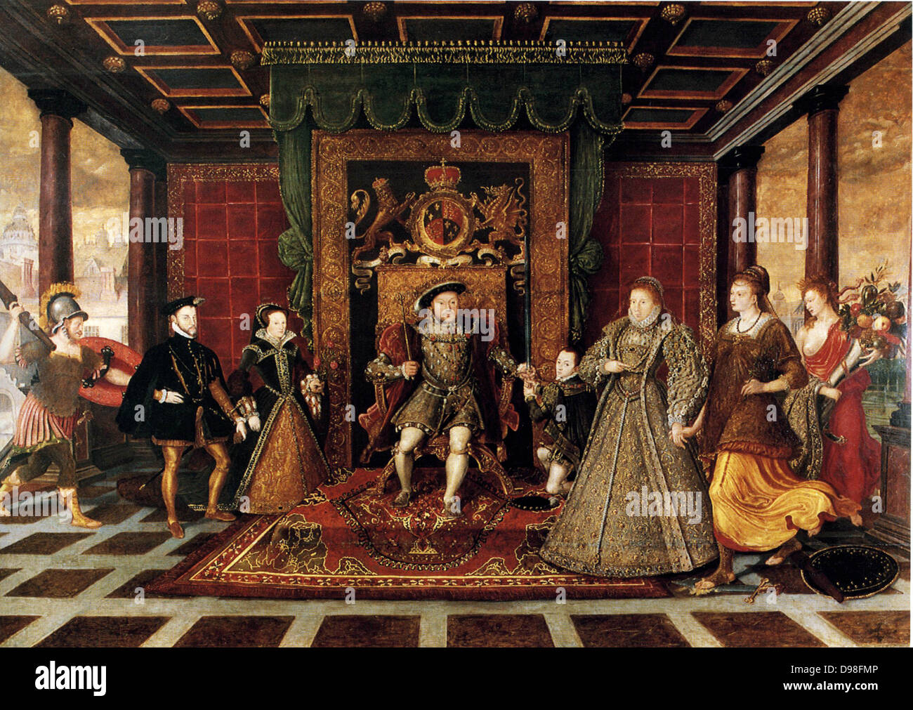 De qui la famiglia di Enrico VIII, Allegoria della successione Tudor c1572 Foto Stock