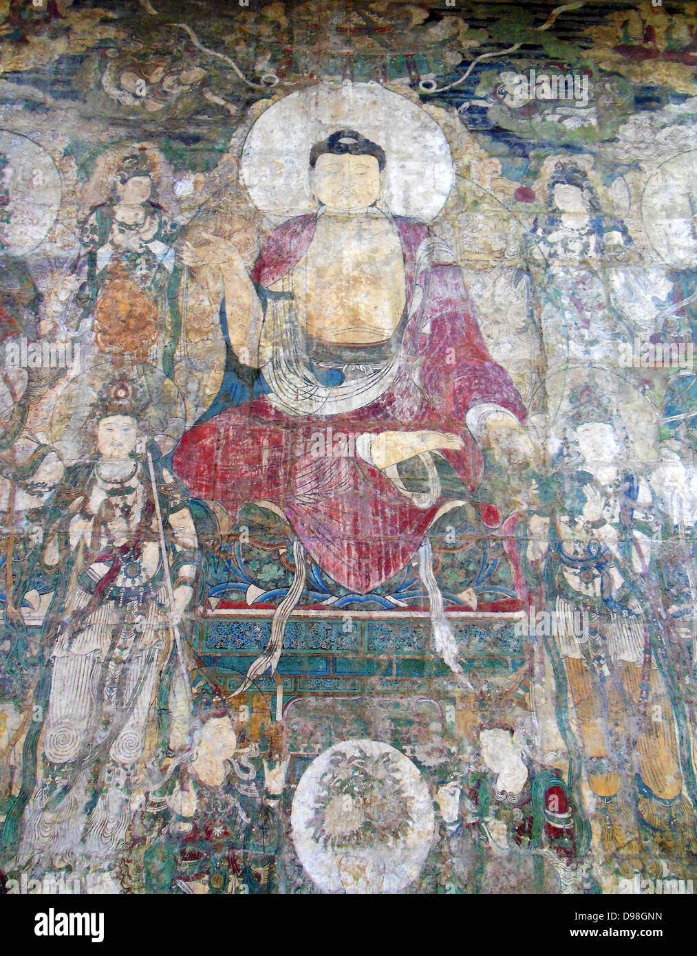 Il Buddha della Medicina Bhaishajyaguru Yaoshi (fo) (seduti su un trono di loto). Yuan cinese dinastia (1271-1368) ca. 1319. A base di acqua e pigmenti su fondamenta di argilla mescolato con paglia Foto Stock