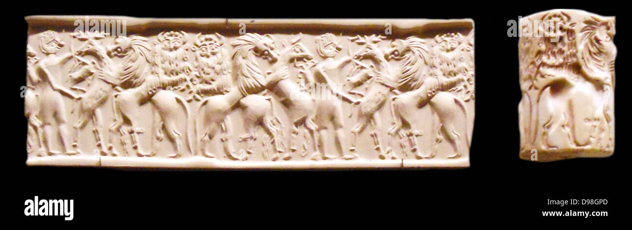 La guarnizione cilindro con impressioni, dalla Mesopotamia. La guarnizione realizzato in marmo raffigurante un eroe in battaglia con gli animali. Inizio periodo dinastico, 2500-2350 A.C. Foto Stock