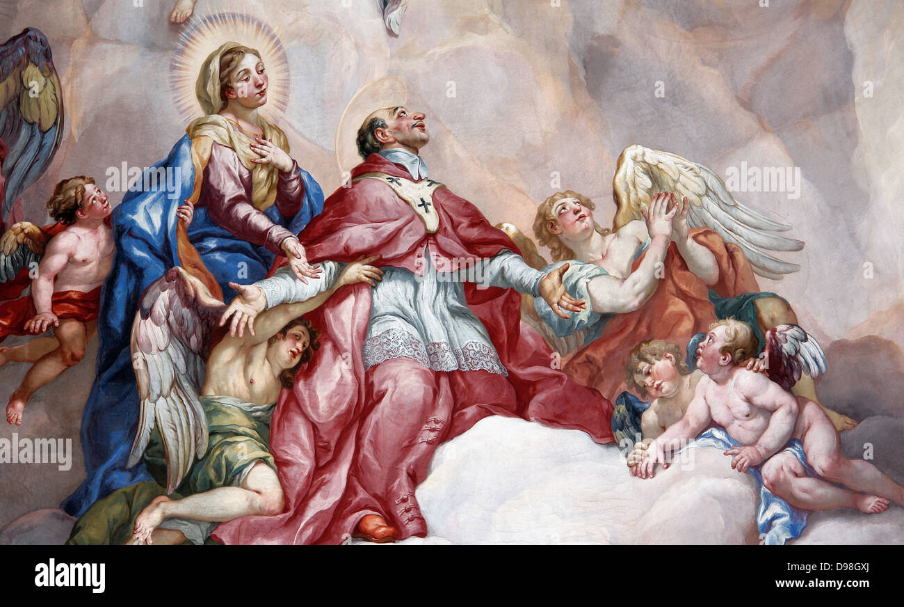 Intercessione di San Carlo Borromeo supportato dalla Vergine Maria da Rottmayr (Karlskirche di Vienna), di Johann Michael Rottmayr (1654-1730). San Carlo Borromeo 1538 - 1584, san e il cardinale. Foto Stock