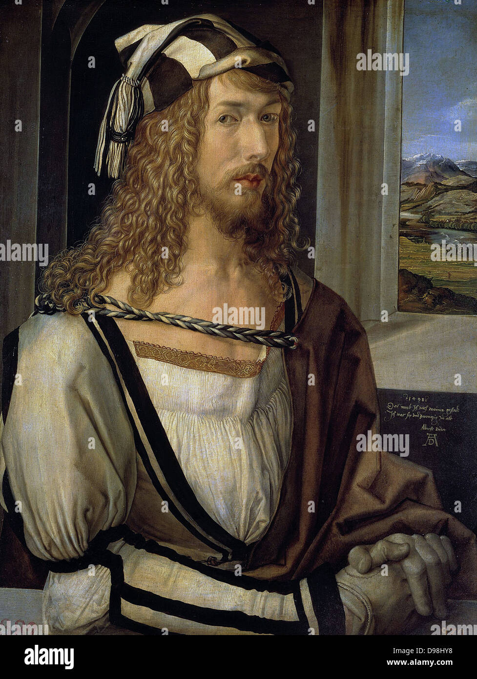Albrecht Durer, autoritratto con i guanti 'self-ritratto in età di 28'. Albrecht Dürer 1471 - 1528 pittore tedesco, printmaker matematico, incisore, e teorico da Norimberga. Foto Stock
