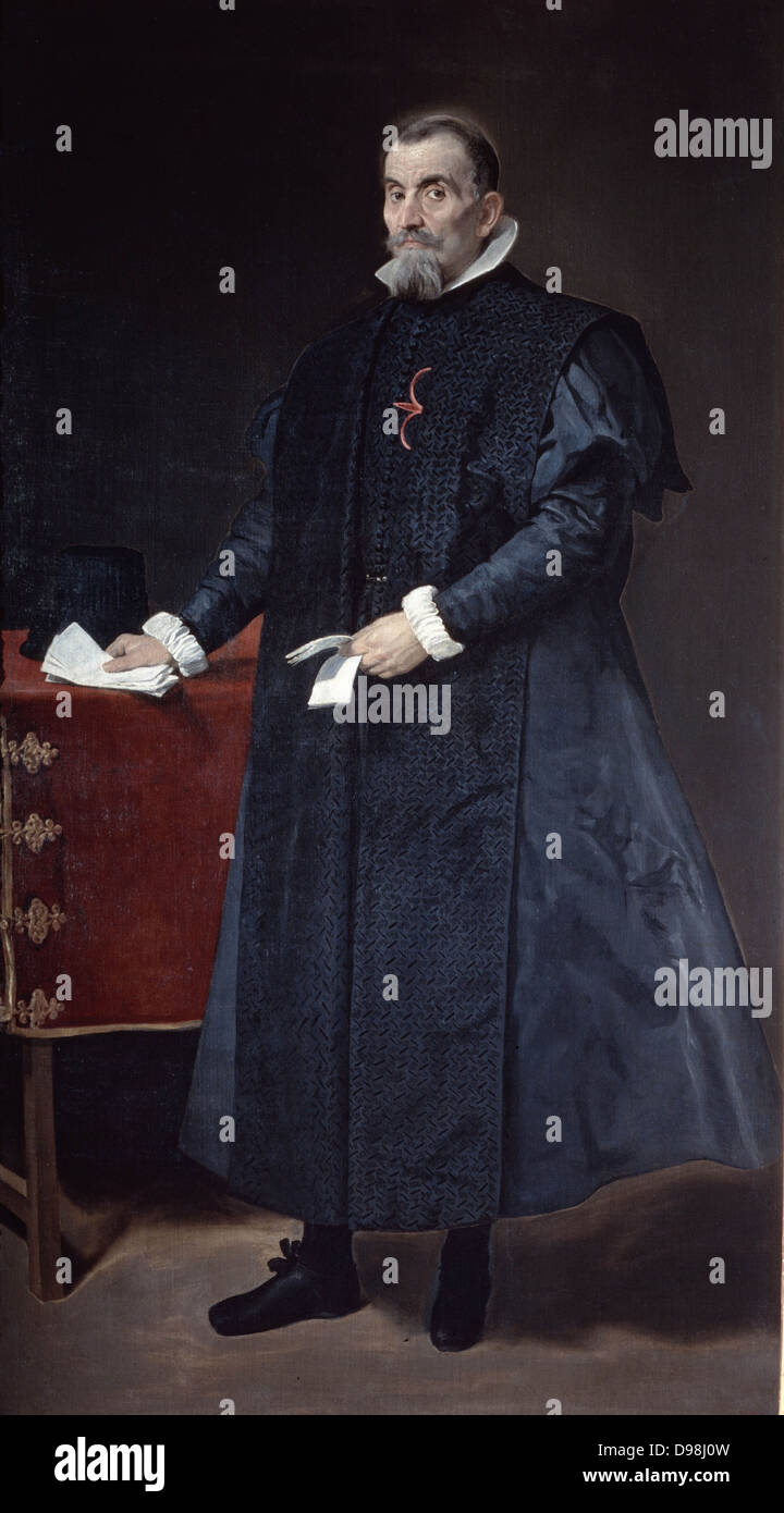 Don Diego de Corral y Arellano, 1631. Ritratto di Diego Velasquez (1599-1660) Spagnolo pittore barocco. L'uomo vestito di nero che tiene i documenti, si erge tavolo ricoperto in panno rosso 0n che siede un cappello nero. Foto Stock