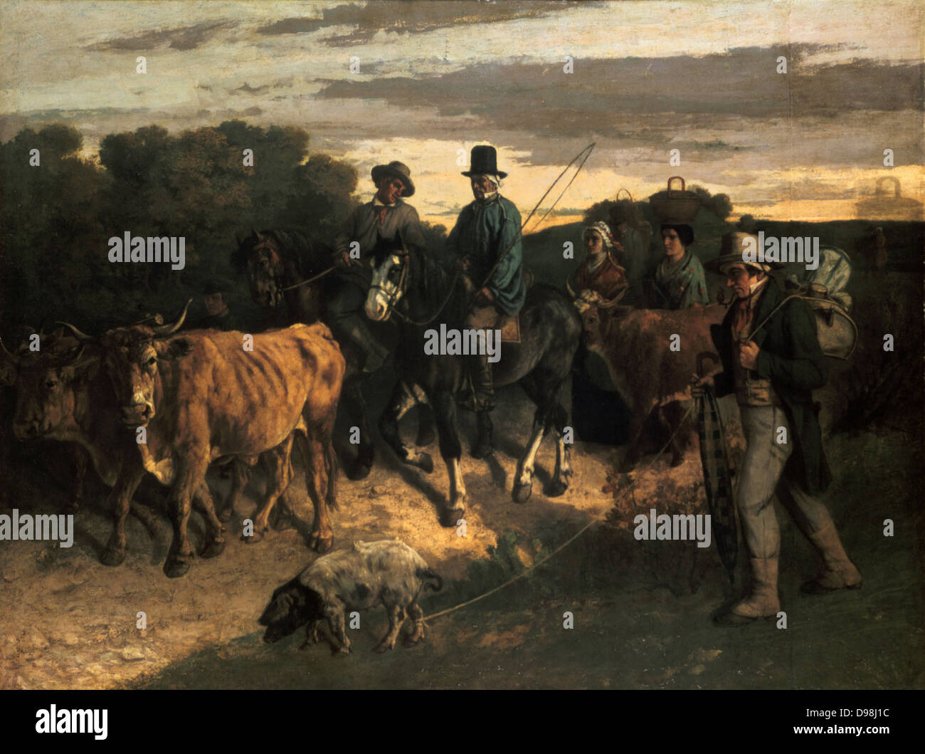Gli agricoltori di Flagey tornando dal mercato", olio su tela c1859. Gustave Courbet (1819-1877), pittore francese, leader del movimento realista. Servirono buoi seguita da due agricoltori a cavallo, una vacca e le donne a piedi. Uomo con pig in primo piano. Foto Stock Gli agricoltori di Flagey tornando dal mercato", olio su tela c1859. Gustave Courbet (1819-1877), pittore francese, leader del movimento realista. Servirono buoi seguita da due agricoltori a cavallo, una vacca e le donne a piedi. Uomo con pig in primo piano. Foto Stock