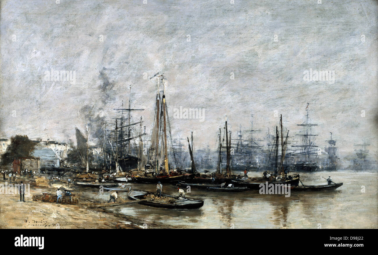 Il porto di Bordeaux", 1874, olio su tela. Eugène Boudin (1824-1898) francese pittore marino. Spese di spedizione al punto di ancoraggio. In primo piano centro di uomini sono le operazioni di carico o di scarico di un accendino. Foto Stock