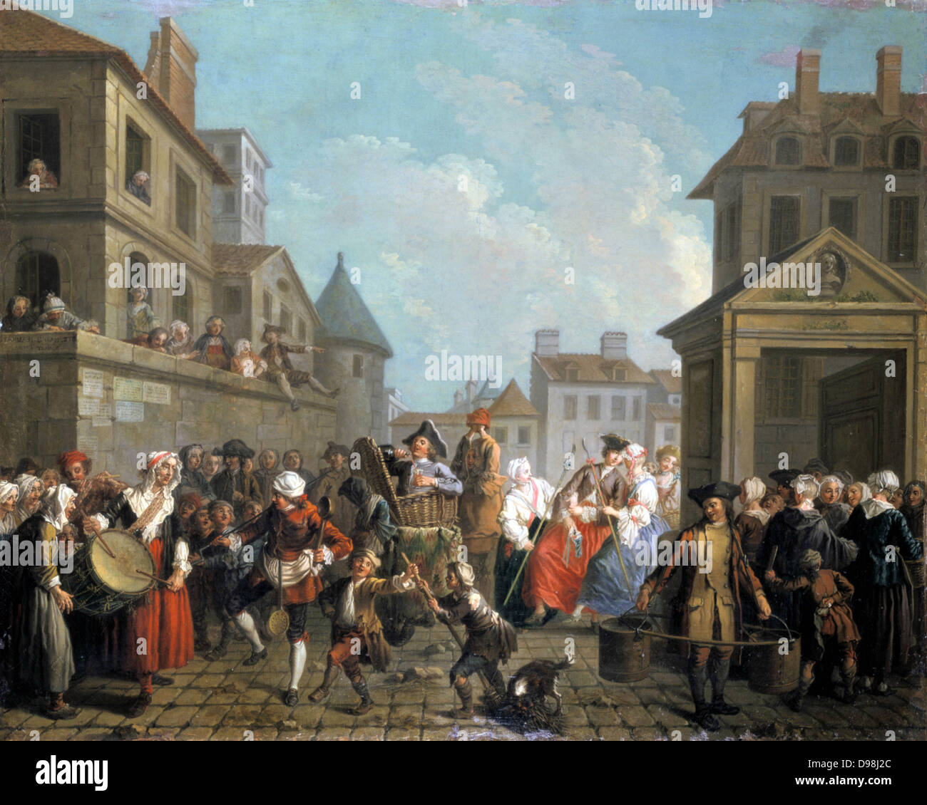 Carnevale di Parigi', olio su tela da Etienne Jeaurat (1699-1789), pittore francese. Scena di strada con la musica, ballare e bere. Vettore acqua, inferiore destro, spettatori sul balcone e a windows. Foto Stock