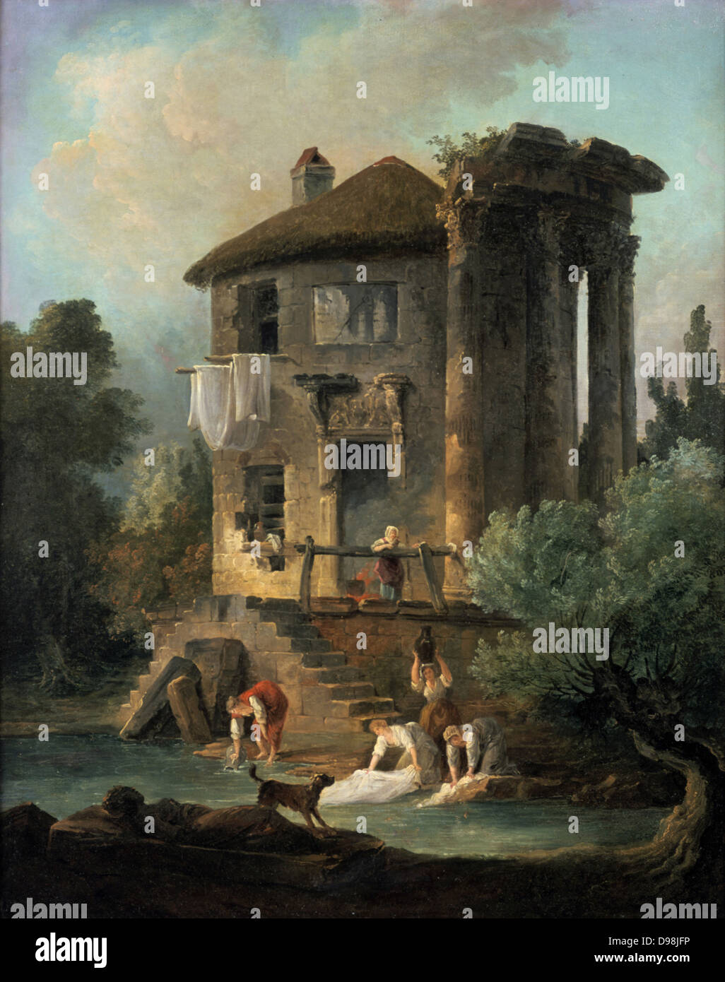 Lavandaie al di fuori del tempio della Sibilla, Tivoli', 1831 olio su tela. Lancelot Theodore Comte de Turpin de Crisse (1782-1859), pittore francese. Lavandaia's cottage in rovine del tempio circolare. Foto Stock