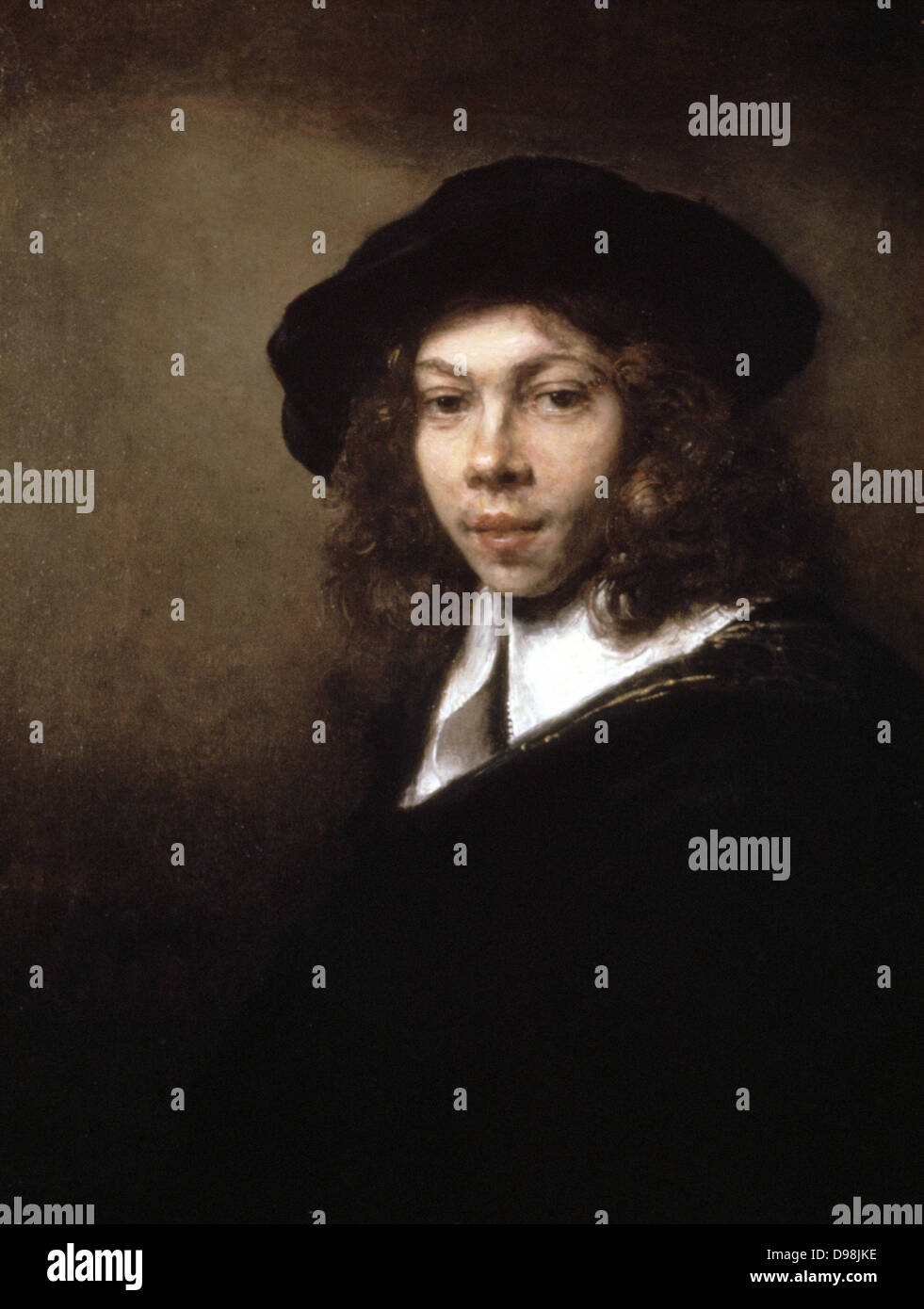 Giovane uomo in un cappello nero", 1666. Olio su tela. Harmenszoon Rembrandt van Rijn (1606-1669) pittore olandese e incisore. Ritratto della gioventù Foto Stock