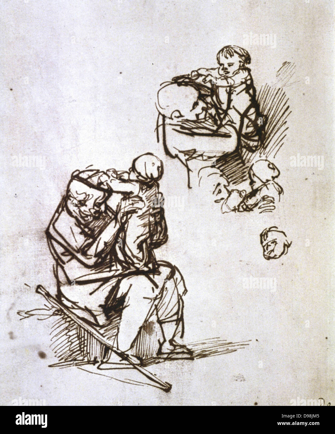Il vecchio uomo che gioca con un bambino piccolo, 1635-1640. Harmenszoon Rembrandt van Rijn (1606-1669) pittore olandese e incisore. In età giovanile bastone da passeggio Foto Stock