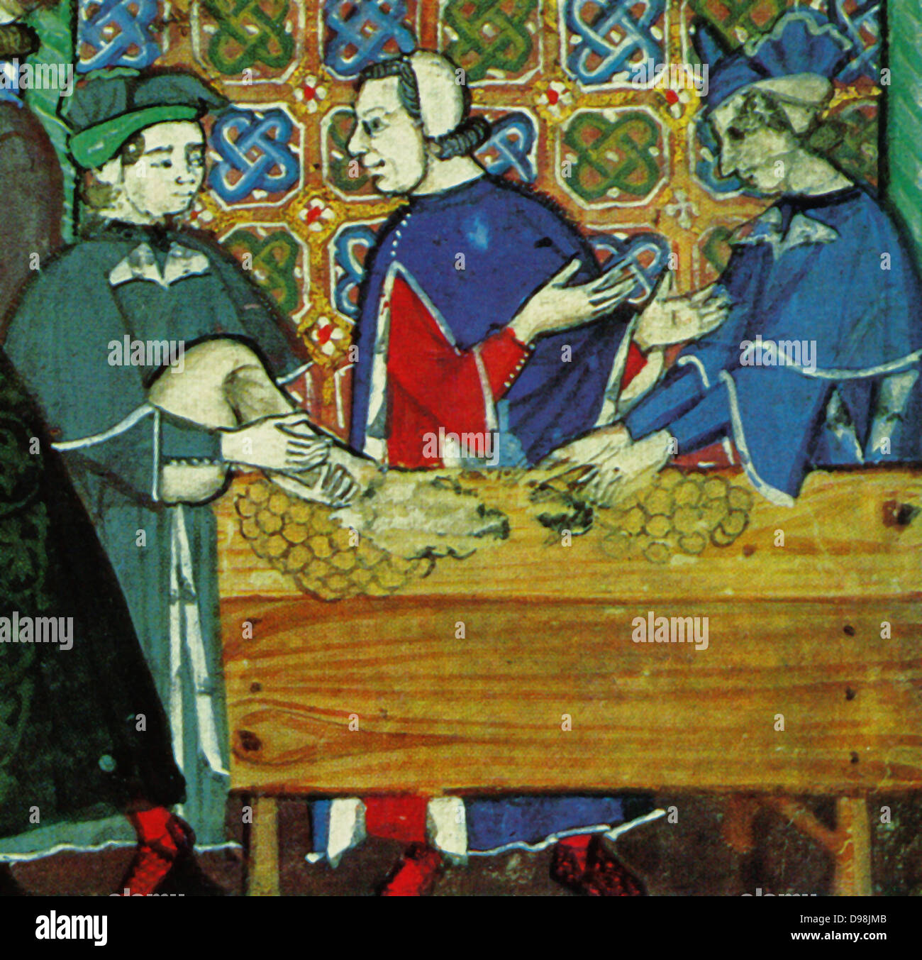 Banking nel borgo medievale di Genova, Italia, raffigurato nel xv secolo, Italiano manoscritto. Scena mostra i banchieri in una casa di conteggio Foto Stock