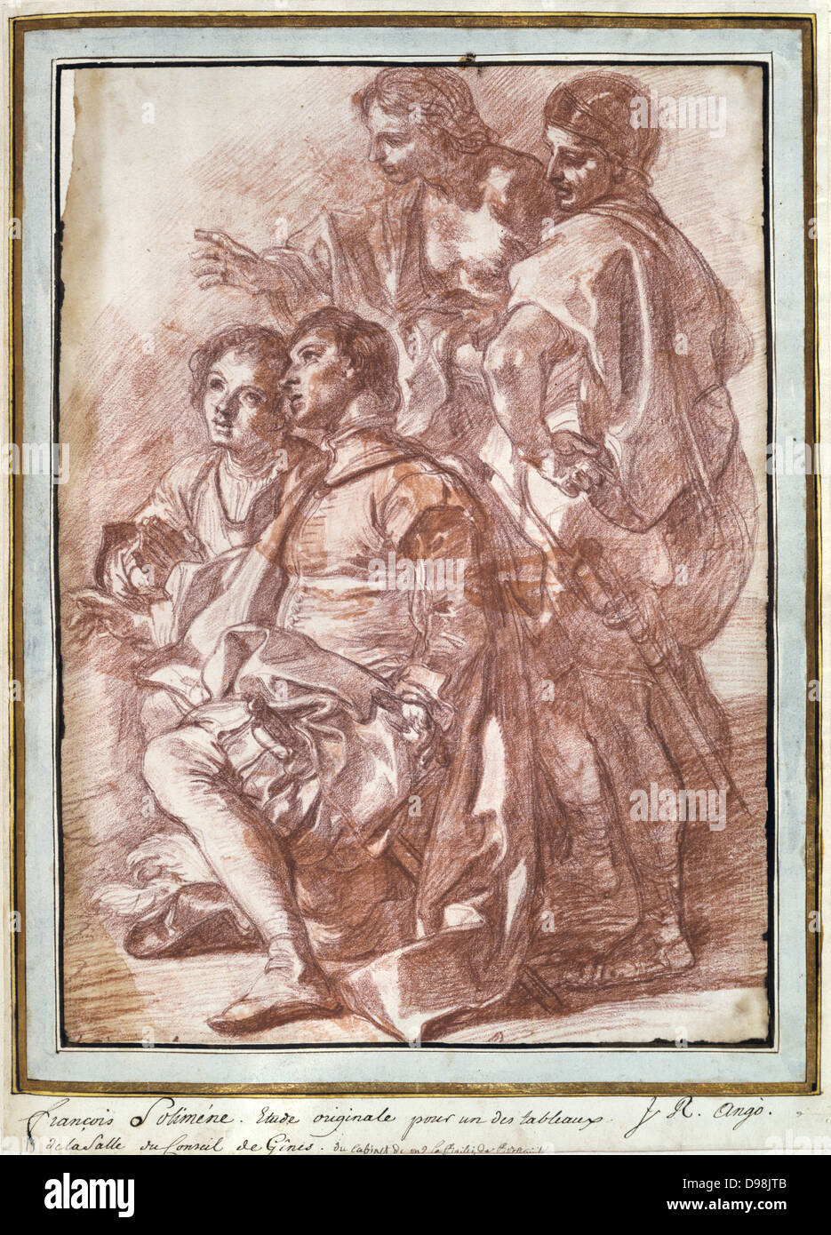 Cristoforo Colombo sbarco in America" 1494. Matita rossa da Jean-Robert Angola (attivo 1759-1770) francese pittore e disegnatore. Quattro figure maschili, due in ginocchio e due piedi. Foto Stock