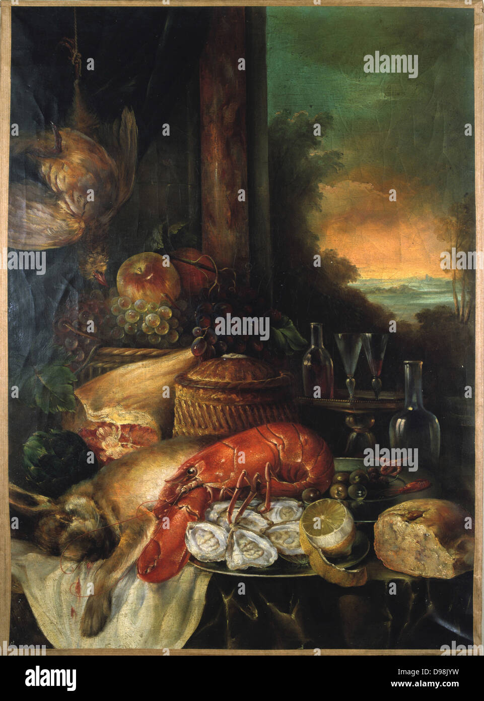 Natura morta con aragosta. Olio su tela. Anonimo Scuola Francese. La disposizione del pane, crostacei, gioco, Carciofo, frutta, vino e vetro. Foto Stock