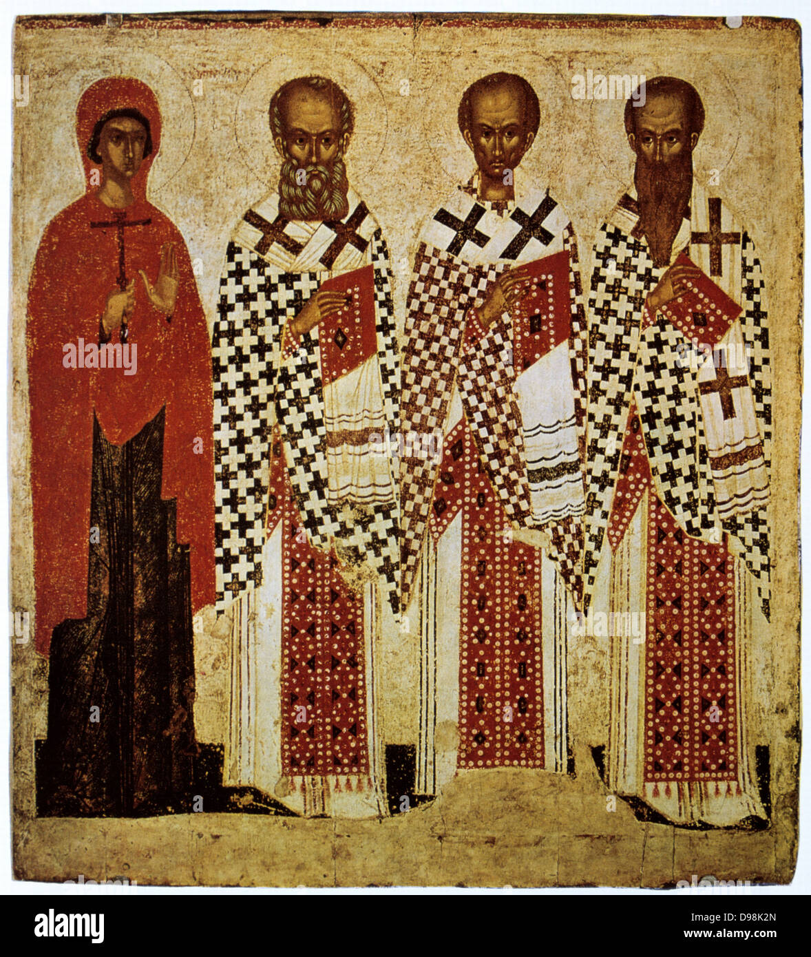 Santi Panaseeve, Gregorio il Teologo e Giovanni Crisostomo con San Basilio il Grande. Xiv-XV secolo icona russa. Foto Stock